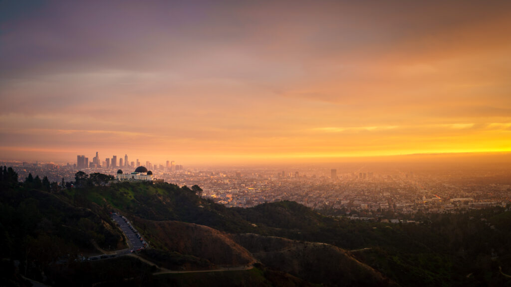 Beautiful photographs of downtown Los Angeles and the Griffith Observatory at sunset.